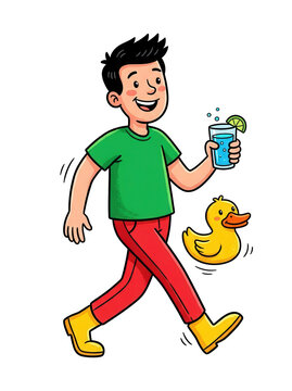 Happy cartoon boy walking with rubber duck and refreshing drink on transparent background