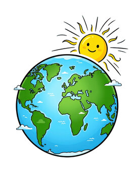 Cartoon Earth with smiling sun, transparent background, eco friendly
