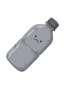 Crushed gray plastic water bottle with sad face on transparent background