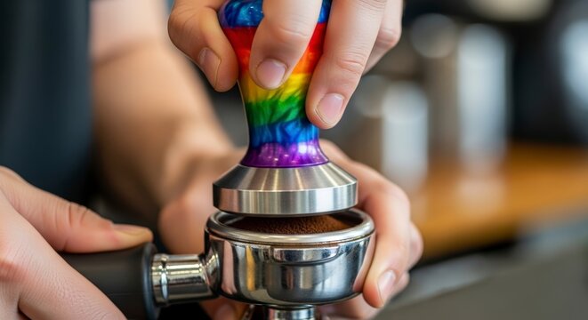 Barista Tamping Fresh Coffee Grounds with Rainbow Tamper.
