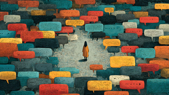 Conceptual illustration of a lone figure standing surrounded by a chaotic crowd of colorful speech bubbles, representing social media anxiety, internet toxicity, and loneliness.