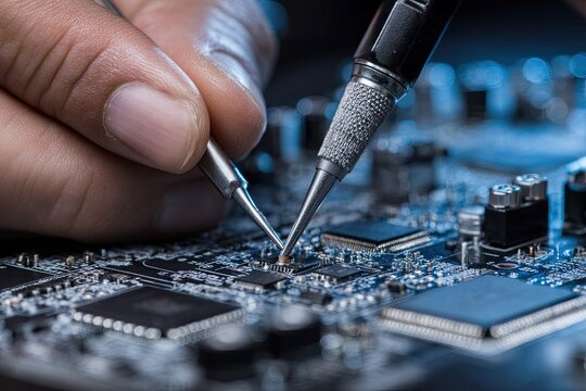 Close-up of skilled hands precisely repairing an electronic circuit board with specialized tools