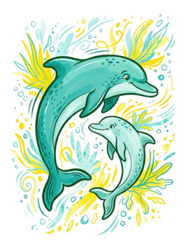 Two dolphins swimming with seaweed, transparent background