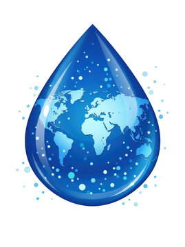 Blue water drop with world map on transparent background