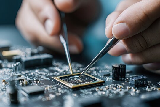 Detailed close-up of hands using tweezers to precisely repair an electronic component on a circuit board