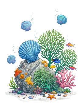 Vibrant underwater scene with seaweed, fish, shells on transparent background