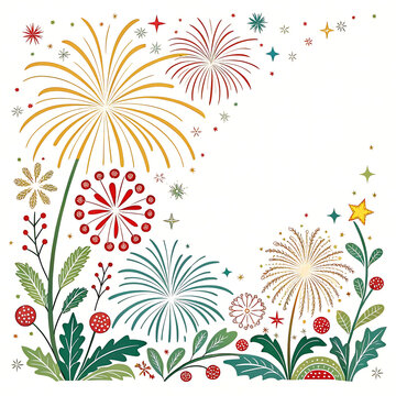 Festive fireworks and botanical illustration pattern for holiday celebrations