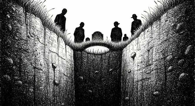 Silhouettes of mourners standing at a graveside seen from a point of view looking up from inside the grave. Ink illustration of a burial ceremony in a cemetery. Concepts of death, loss, and grief.