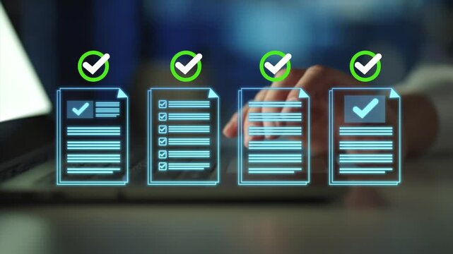 Businessman using laptop computer for regulatory compliance checks. Legal document review and approval process. Automated workflow management solution. 