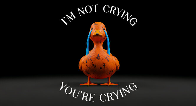 Sad orange duck character with large blue tears on a black background. Humorous meme text reads 'I'm Not Crying You're Crying' in white font. Emotional concept for relatable social media content.