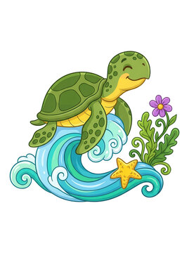 Cartoon sea turtle riding ocean wave with starfish and flower, transparent background