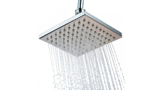 Modern chrome square shower head with flowing water drops bathroom isolated on transparent background cut out