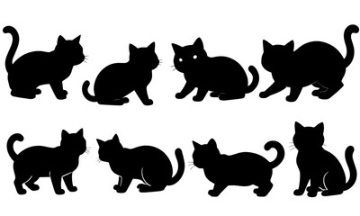 Black cat silhouette set featuring domestic felines in various poses, isolated vector elements ideal for pet themes, Halloween designs, stickers, crafts, and creative projects. © Arun