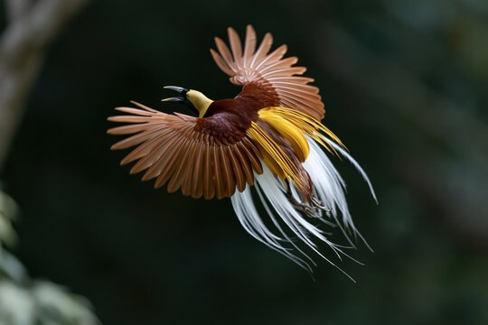 The Bird of Paradise Soaring with Brown Wings and Long White Tail Plumes