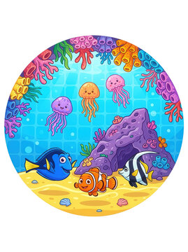 Underwater scene with cartoon fish, jellies, coral, transparent background
