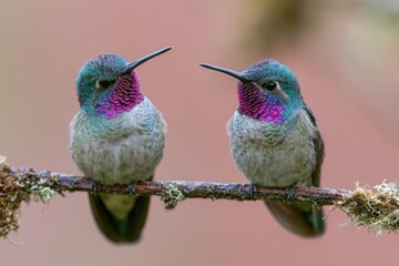 Fototapeta premium The Hummingbirds Perched Together on a Branch with Iridescent Throats