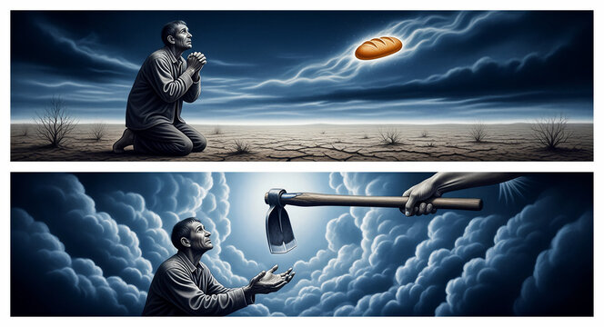 Man kneeling in desert praying for food while hand from heaven offers a farming tool. Surreal illustration depicting contrast between miracles and labor. Concept of self-reliance and hard work.