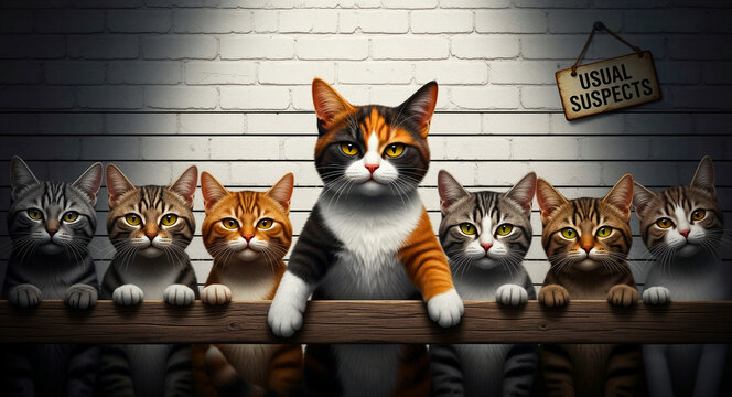 Group of cats posing in a police lineup against a brick wall. Diverse felines looking at the camera in a humorous suspect identification scene. Funny pet crime concept for marketing.