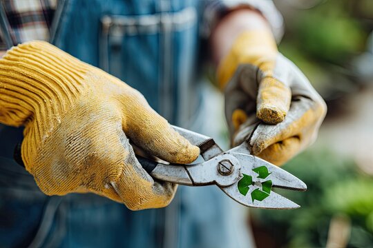 Close-up of hands wearing yellow gloves carefully pruning a green plant with shears, emphasizing sustainability and repair.
