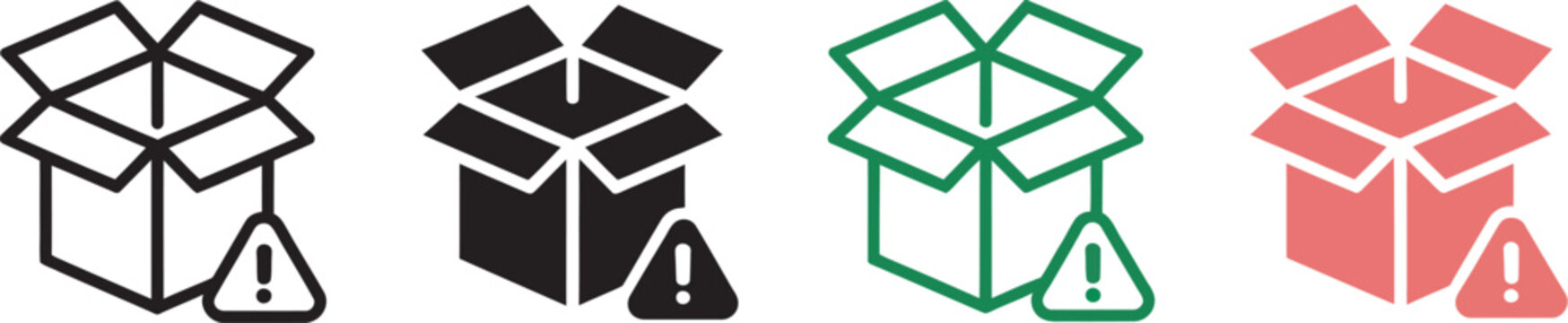 Shipping alert box icons, colorful vector set including delivery cartons with warning signs, hazard indicators, fragile labels, and caution symbols in varied color variations suitable for logistics, 
