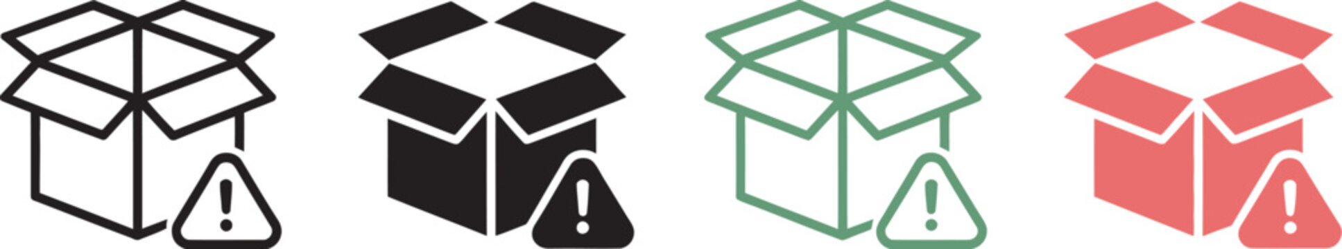 Delivery box warning icon set, vector collection featuring four parcel boxes with warning symbols in different colors, representing fragile goods, caution handling, damaged packaging, 