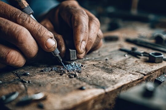 Skilled hands meticulously assemble and repair a small metal gadget on a textured wooden workbench with specialized tools, showcasing intricate craftsmanship.