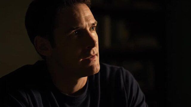 Close-up of a man looking down, a man contemplating at night