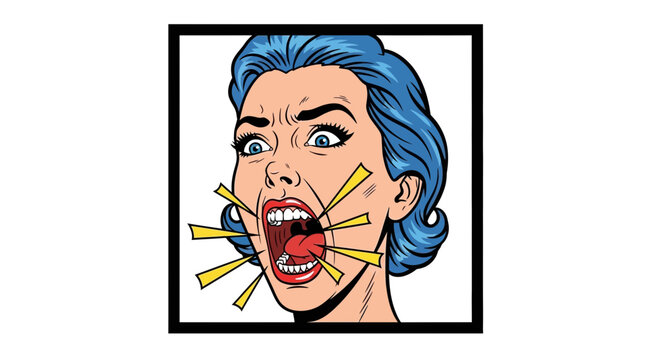 Woman screaming in anger, pop art style, comic book illustration, blue hair, dramatic expression