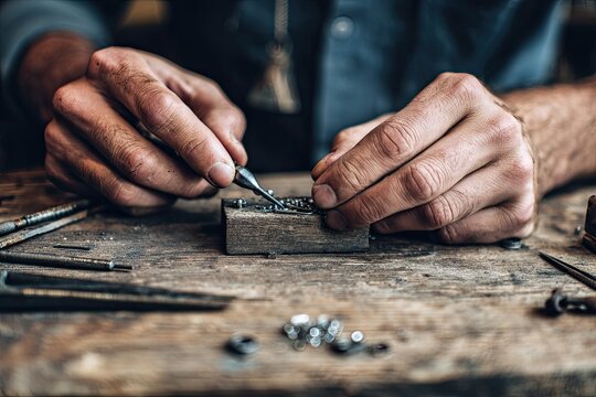 Skilled hands meticulously repairing a small metal gadget on a rustic wooden workbench with fine tools