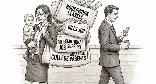 Exhausted woman carrying heavy bags of responsibilities while holding a baby. A man in a suit walks away indifferently looking at his phone. Mental load and gender inequality concept illustration.