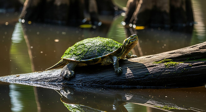 Mossy green turtle sunbathing on a wet log, wild pond turtle resting in natural swamp habitat, freshwater reptile in marshy wetland