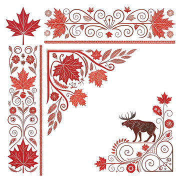 Canadian emblem collection maple leaves moose and decorative floral borders