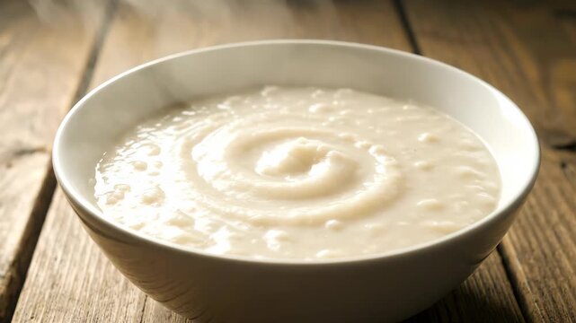 A steaming bowl of rice porridge on a wooden table, steaming white porridge