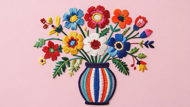 Embroidered Floral Bouquet in a Striped Vase on Pink Background