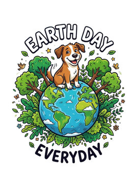 Earth Day Everyday Cartoon Dog on Globe with Transparent Background