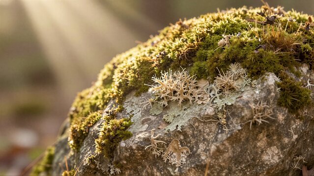 Mossy rock with delicate lichen, bathed in soft sunlight filtering through trees.