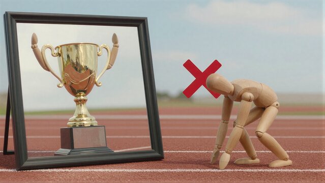 Wooden figure bows defeated beside framed trophy, red X marks failure.