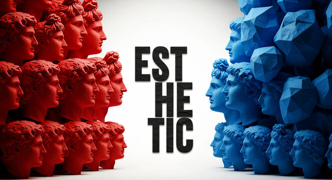 Classical red and blue sculpture heads facing each other with the word ESTHETIC. Multiple David bust statues in a symmetrical composition. Modern art concept for creative design and museum marketing.