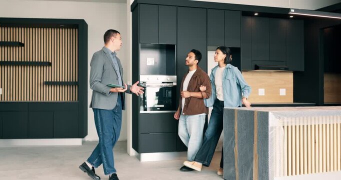 Realtor, walking and viewing with couple at new house, tour and property layout for real estate. Smile, people or consultant with tablet for inspection, home showcase and client guidance for purchase