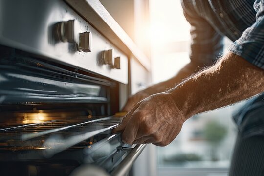Close-up of hands opening an oven door in a kitchen, with sunlight streaming in