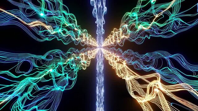 Radiant energy waves converging center with neon filaments and symmetrical pulses, flowing ribbons of light create harmonic tunnel, vibrant teal and gold tones, dynamic frequency motion suited.