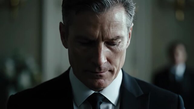 Close-up of a man in a suit looking down, a man in a suit thinking seriously