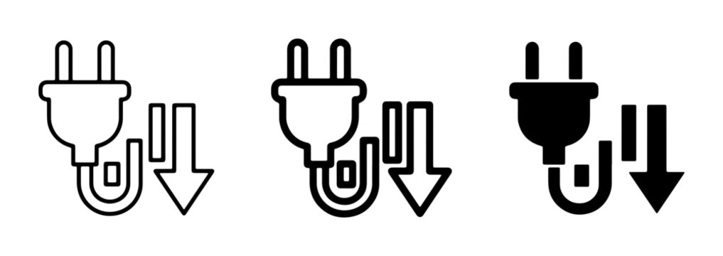 Electrical Plug Down Arrow Icon Set, Power Consumption Decrease Symbol, Energy Saving Vector Graphics