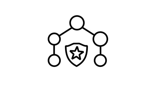 Secure Business Network Protection Animated Icon. Animated line icon depicting a business network structure connected to a protective shield with a star for data safety.