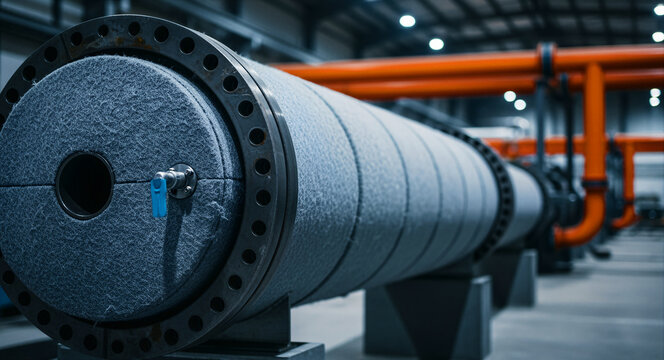 Large industrial filtration vessel with orange piping in a factory. Water treatment equipment inside a modern manufacturing plant. Industrial engineering concept, ideal for energy and utility.