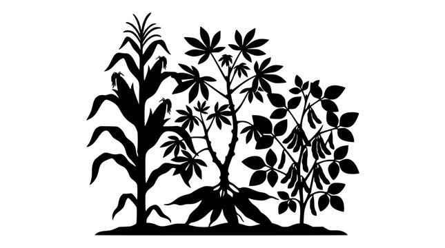 Agricultural Crops Silhouette of Corn Cassava and Bean Plants