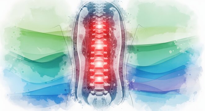 Chronic back pain and spinal disc injury. Medical visualization and orthopedic health. A watercolor illustration of a human spine with glowing red segments showing inflammation