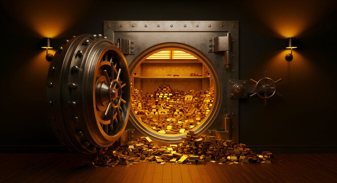 Open bank vault door revealing a massive hoard of gold bars. The heavy steel safe stands open in a dimly lit room with warm lighting. Wealth and financial security concept for banking marketing.