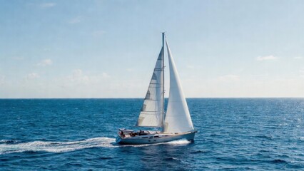 Fototapeta premium Sailboat cruising across open ocean under clear sky