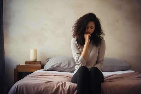 Woman thinking bed furniture worried.